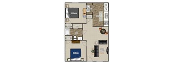 A floor plan of a house with two bedrooms, a kitchen, a bathroom, and a living room.
