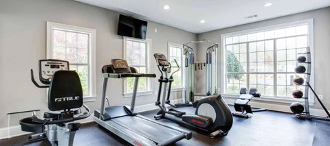 A well equipped home gym with a treadmill, weights and exercise equipment.