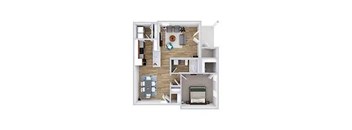 A dollhouse with a kitchen, living room, and bedroom.