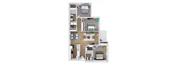 A 3D floor plan of a house with a kitchen, living room, and two bedrooms.