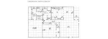 A floor plan of a 2 bedroom, 1 bath home with a living room, dining room, kitchen, and laundry area.