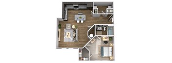 A top-down view of a house layout with a living room, kitchen, and bathroom.