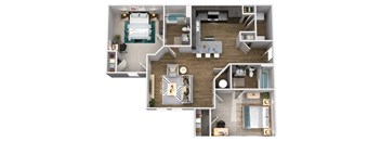 A top-down view of a small apartment layout with a bedroom, living room, kitchen, and bathroom.