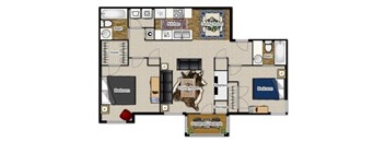 A floor plan of a house with a living room, dining room, kitchen, two bedrooms, a bathroom, a closet, a fireplace, and a screened veranda.