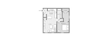 A floor plan of a small apartment with a living room, kitchen, dining room, bedroom, and bathroom.