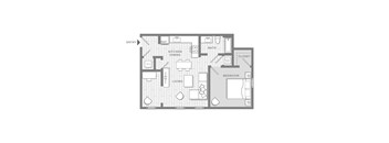 A floor plan of a house with a living room, dining room, kitchen, bathroom, and bedroom.