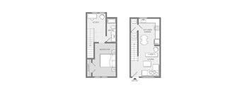 A floor plan of a small apartment with a bedroom, study, bathroom, kitchen, dining room, living room, and entry.