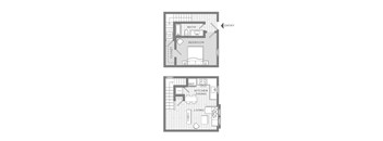 A floor plan of a small apartment with a bedroom and a living room.