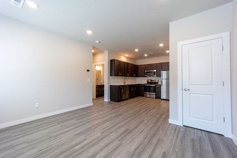 A kitchen with a white door is visible from the living room.