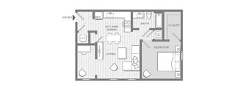 A floor plan of a house with a kitchen, dining area, living room, bathroom, and bedroom.