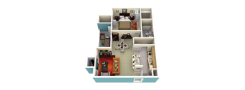 A 3D floor plan of a house with a kitchen, living room, and two bedrooms.