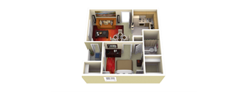 A cutaway view of a room showing the interior layout.