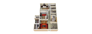 A 3D rendered image of a small apartment layout.