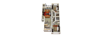 A diagram of a house with a kitchen, living room, and two bedrooms.