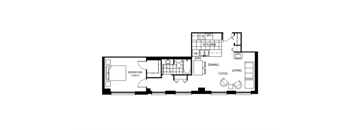 A black and white image of a floor plan for a house with a bedroom, dining room, kitchen, and living room.
