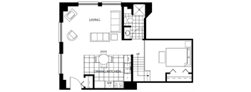 A black and white floor plan of a house with a living room, dining/kitchen area, and a bathroom.