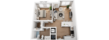 A floor plan of a small apartment with a living room, kitchen, and bathroom.