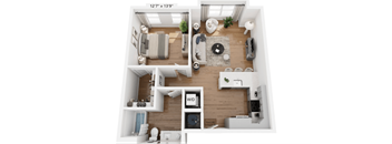 A 127 x 139 floor plan of a small apartment with a living room, kitchen, and bathroom.