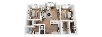 A floor plan of a small apartment with a living room, kitchen, and two bedrooms.