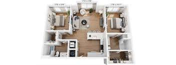 A 3D floor plan of a house with three bedrooms, a living room, a kitchen, and a bathroom.