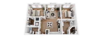 A top-down view of a small apartment layout with dimensions.