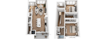 Two images of a small apartment layout with a living room, kitchen, and bedroom.
