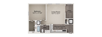 A floor plan of a small apartment with a bedroom, living room, study, kitchen/dining area, and bathroom.