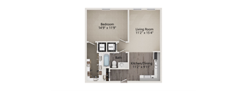 A diagram of a house layout with a bedroom, living room, bath, and kitchen/dining area.