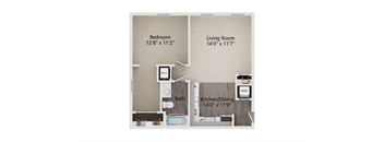 A floor plan of a small apartment with a bedroom, living room, kitchen/dining area, and bathroom.