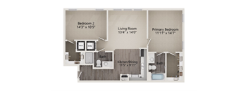 A floor plan of a small apartment with a living room, two bedrooms, a kitchen, and two bathrooms.