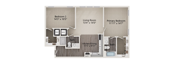 A floor plan of a home with three bedrooms and a living room.