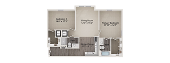 A floor plan of a home with three bedrooms and a living room.