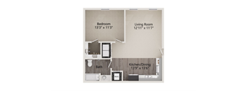 A floor plan of a small apartment with a bedroom, living room, kitchen/dining area, and bathroom.