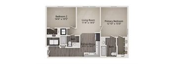 A diagram of a house layout with three bedrooms, a living room, a kitchen, and two bathrooms.