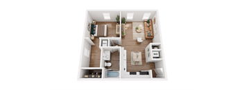 A top-down view of a small, neatly organized apartment with a kitchen, living room, and bedroom.