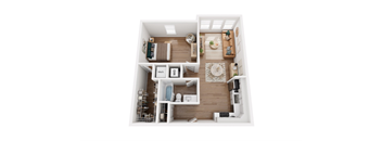 A top-down view of a small apartment with a kitchen, living room, and bathroom.