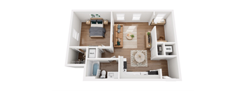 A top-down view of a small apartment with a bedroom, living room, and kitchen.