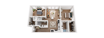 A top-down view of a small apartment with a kitchen, living room, and bedroom.