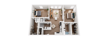 A top-down view of a house interior with a living room, kitchen, and two bedrooms.