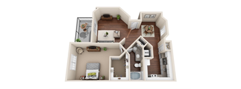 A 3D model of a house with a living room, kitchen, and two bedrooms.