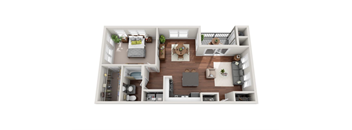 A top-down view of a modern apartment layout with a living room, kitchen, and two bedrooms.