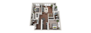 A 3D floor plan of a house with a kitchen, living room, and two bedrooms.