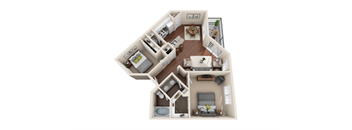 A 3D floor plan of a house showing the layout of the rooms.