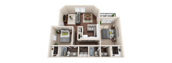 A 3D floor plan of a house with a kitchen, living room, and two bedrooms.