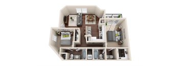 A top-down view of a small apartment with a living room, kitchen, and bedroom.