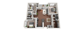 A 3D floor plan of a small apartment with a kitchen, living room, and bedrooms.