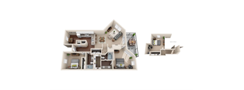 A floor plan of a two-story house with a living room, kitchen, and bedrooms.