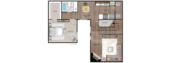 A floor plan of a one-bedroom apartment with a living room, kitchen, and bathroom.