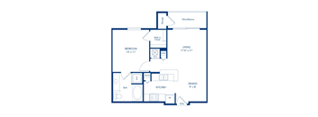 A floor plan of a small apartment with a bedroom, living room, kitchen, and dining area.