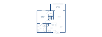 A floor plan of a small apartment with a living room, bedroom, kitchen, and bathroom.